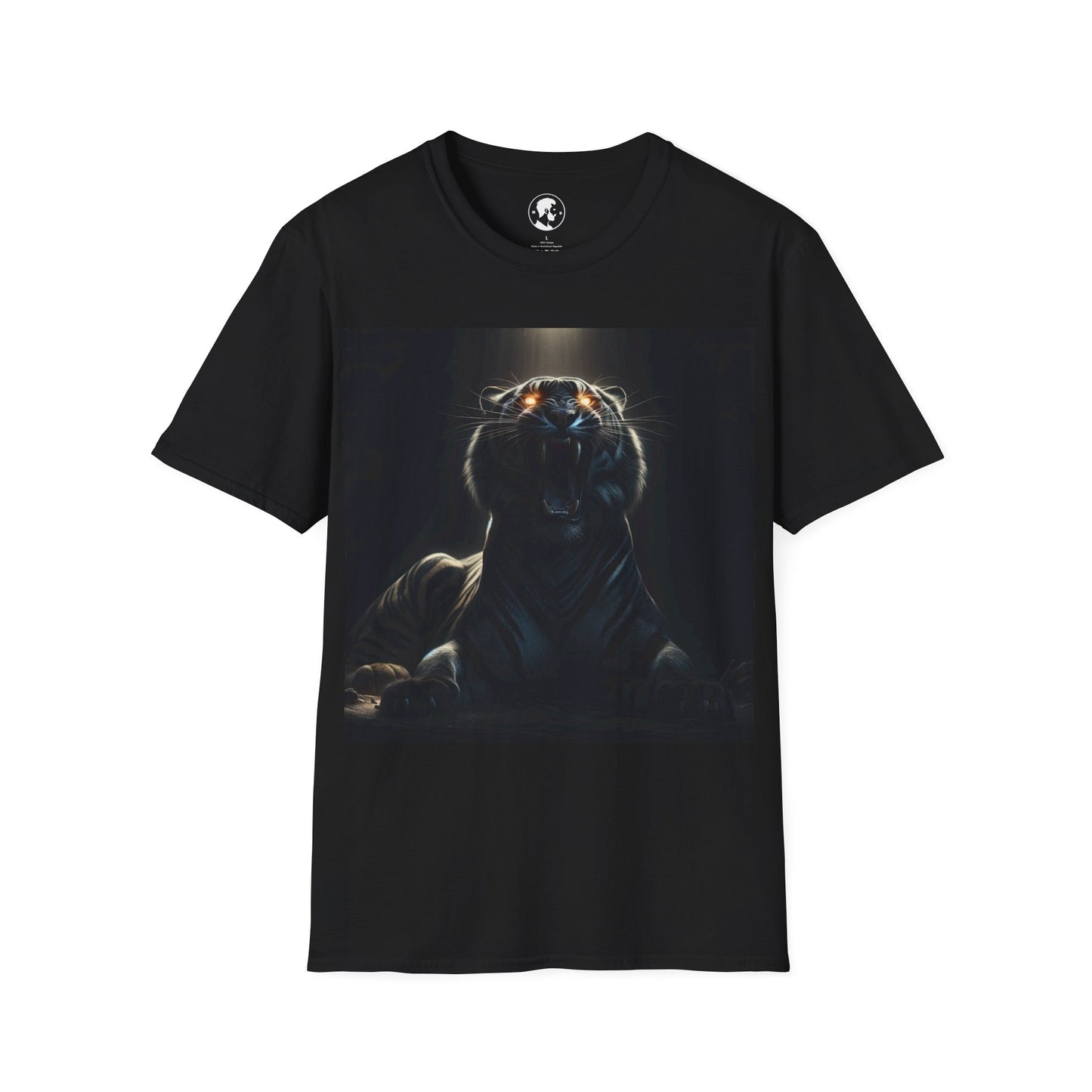 The image features a T-shirt with a central graphic of a roaring panther, highlighted by its glowing eyes