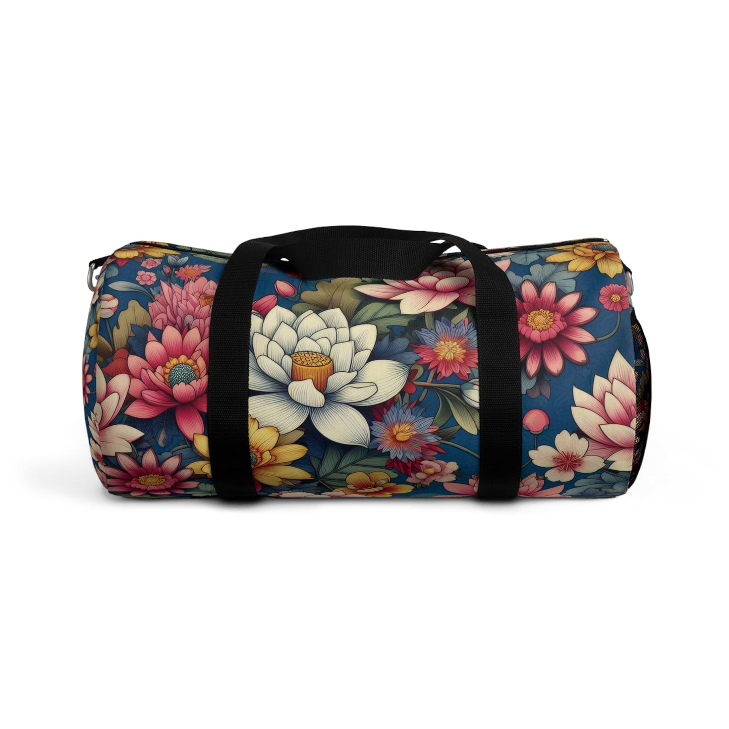 The image depicts a cylindrical duffel bag with a colorful floral pattern and a black shoulder strap.