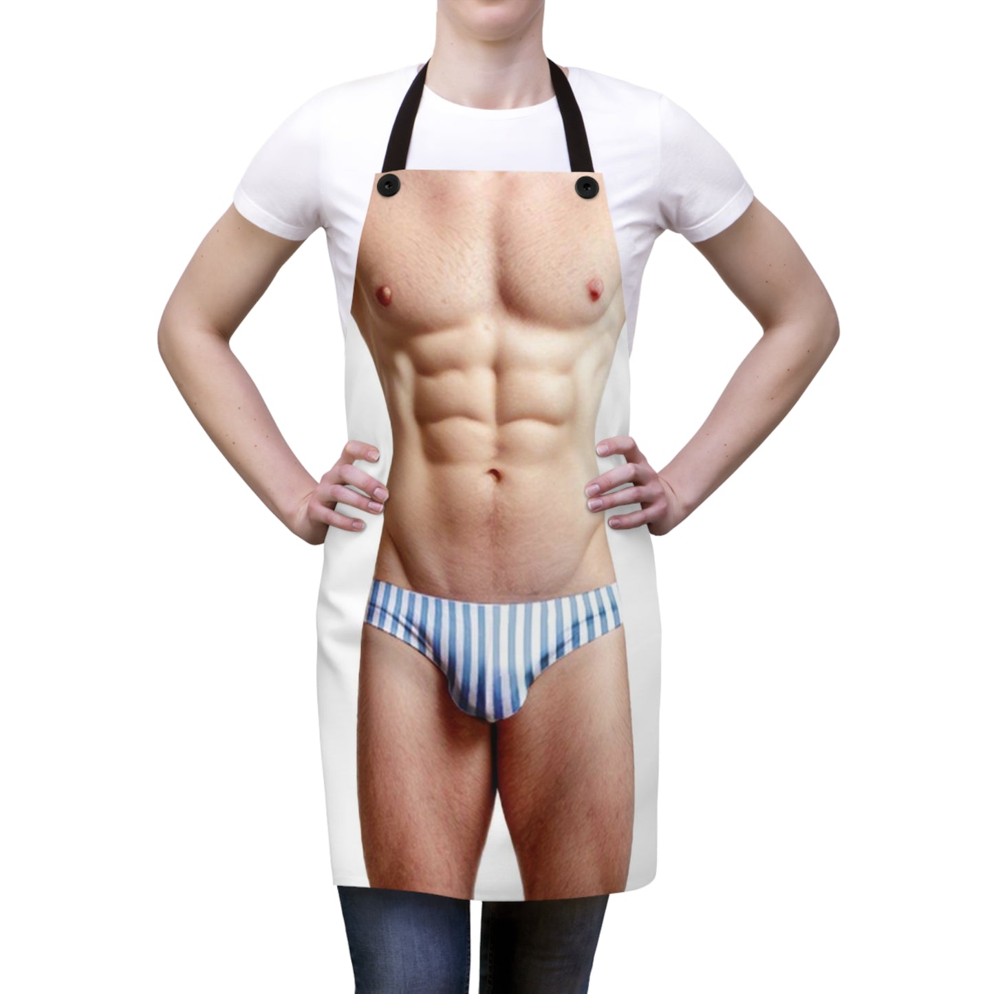 An apron designed to mimic a man's muscular upper body and lower torso, complete with a photographic print of blue striped briefs, typically used for a joke or party gag