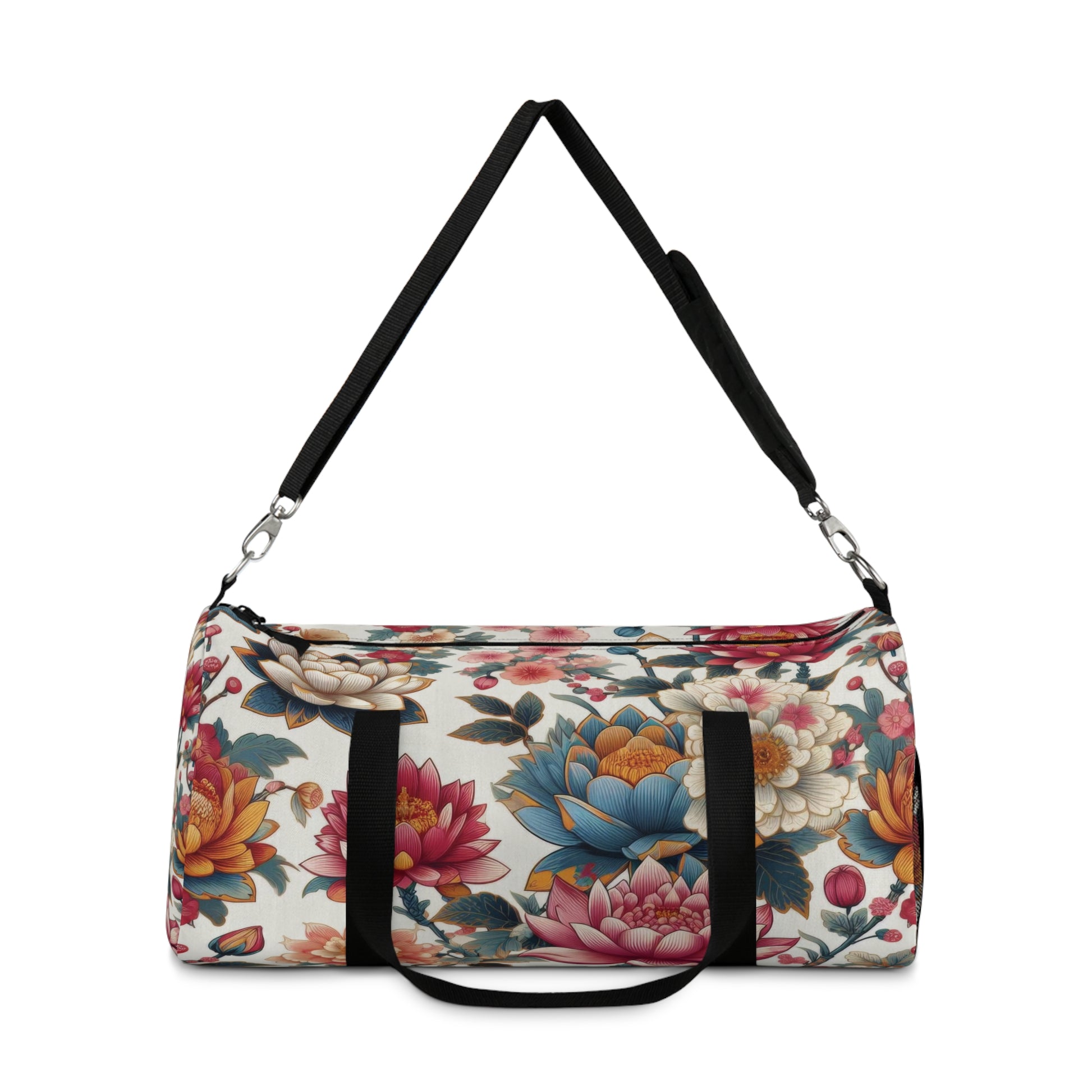 The image shows the Eternal Blossom Duffel Bag with flower print designs.