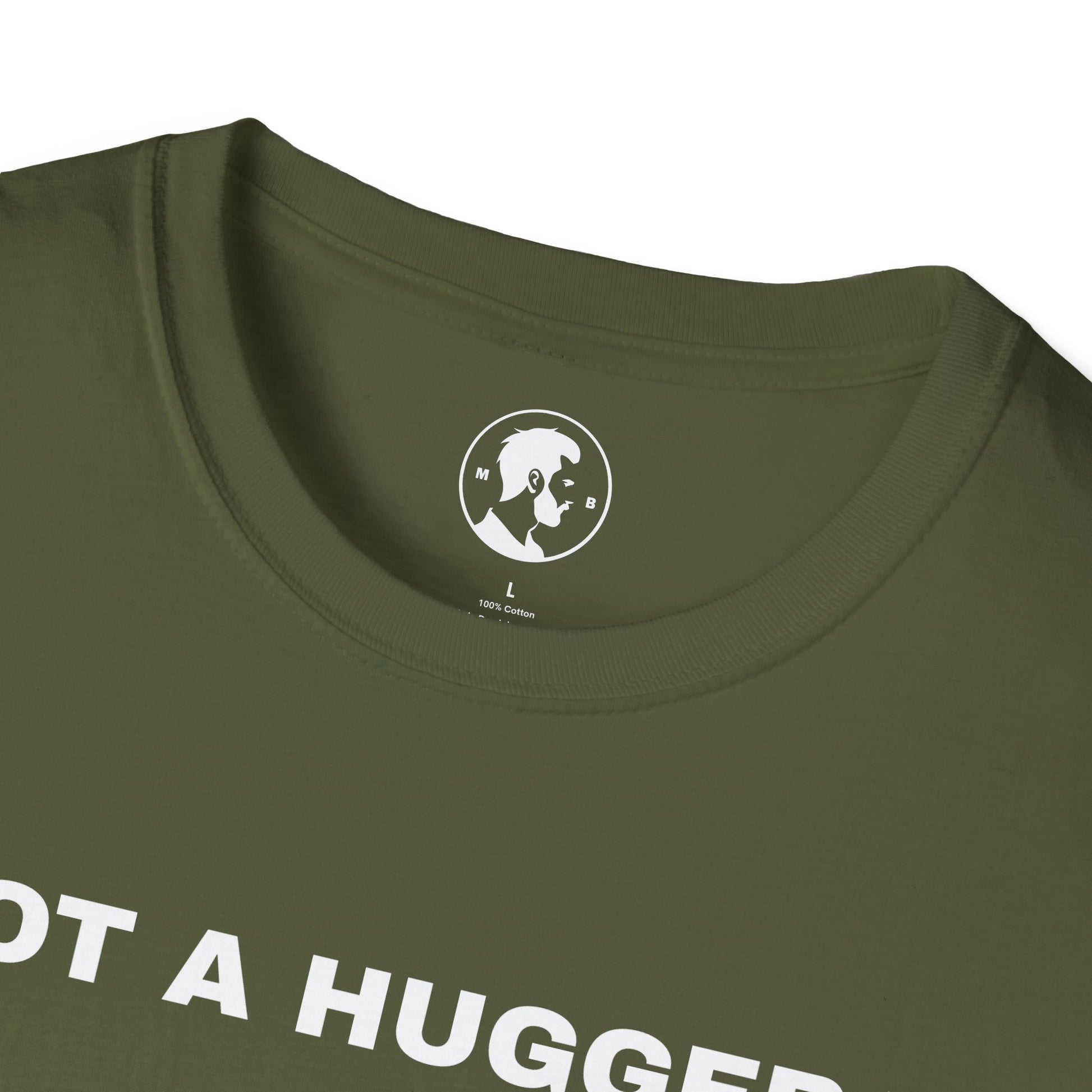 The image shows a T-shirt with a graphic of a cactus and the phrase "NOT A HUGGER" repeated around it in a circular formation