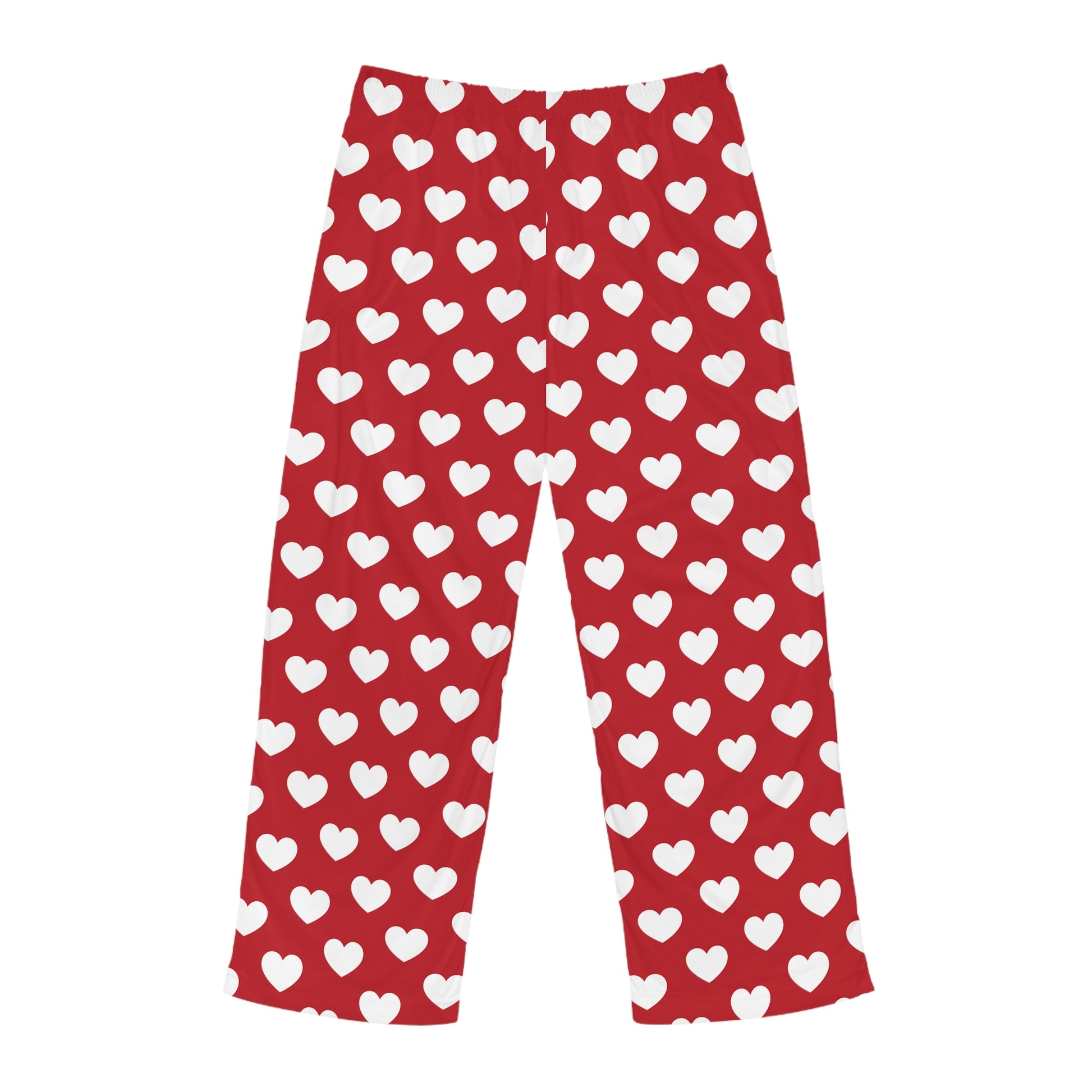 Red pajama bottoms with an all-over print of white hearts, complete with a comfortable black tie at the waist for adjustment