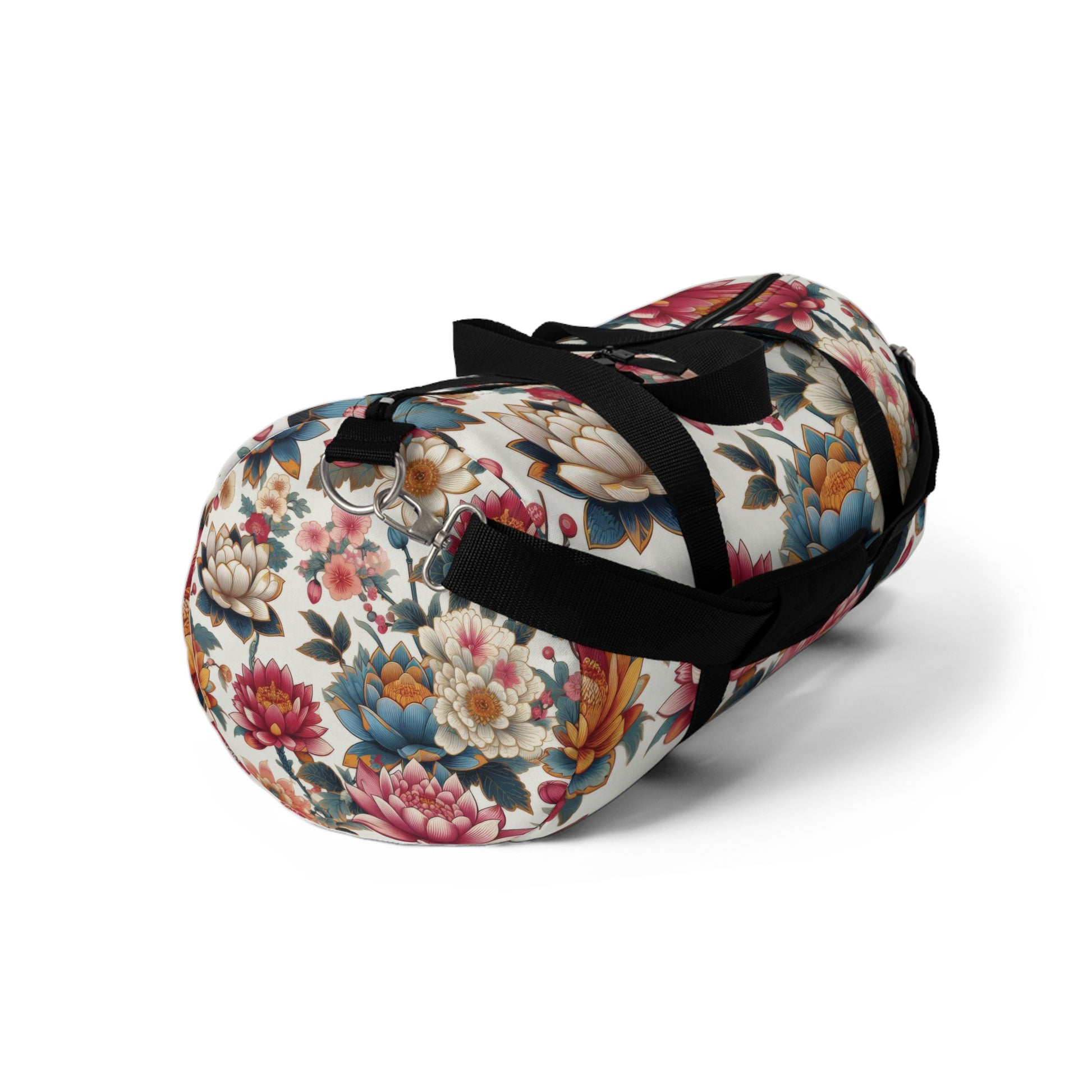 The image shows the Eternal Blossom Duffel Bag with flower print designs.