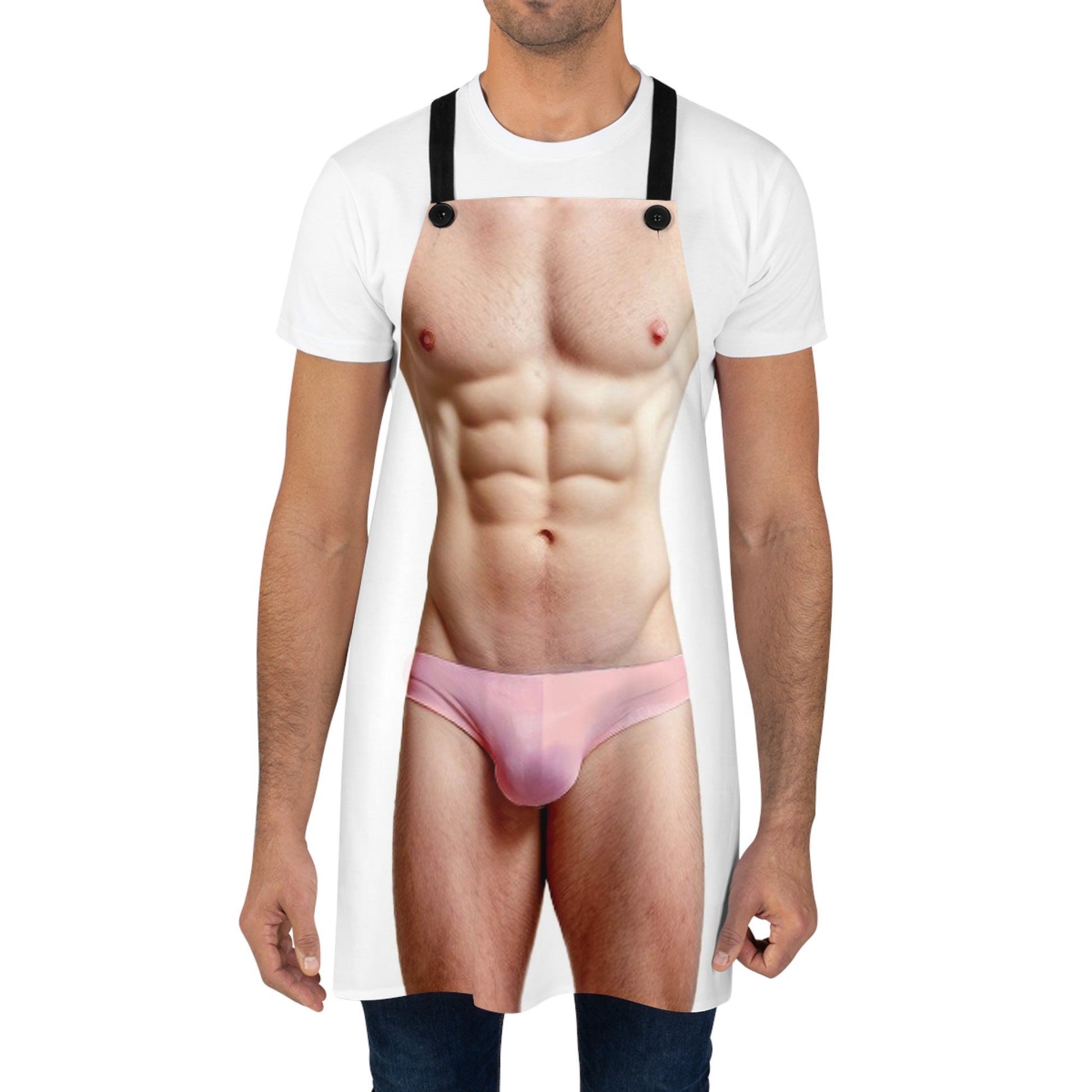 The image depicts a novelty apron with a printed graphic mimicking a male torso and underwear