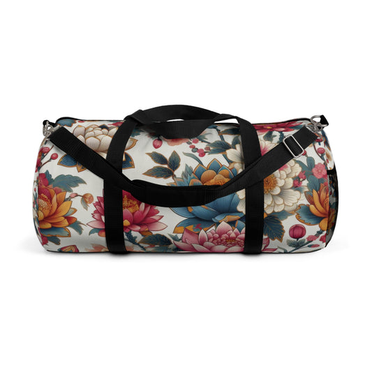 The image shows the Eternal Blossom Duffel Bag with flower print designs.