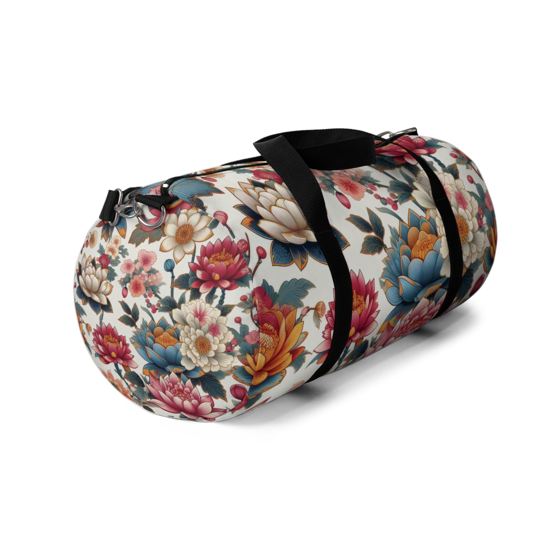 The image shows the Eternal Blossom Duffel Bag with flower print designs.