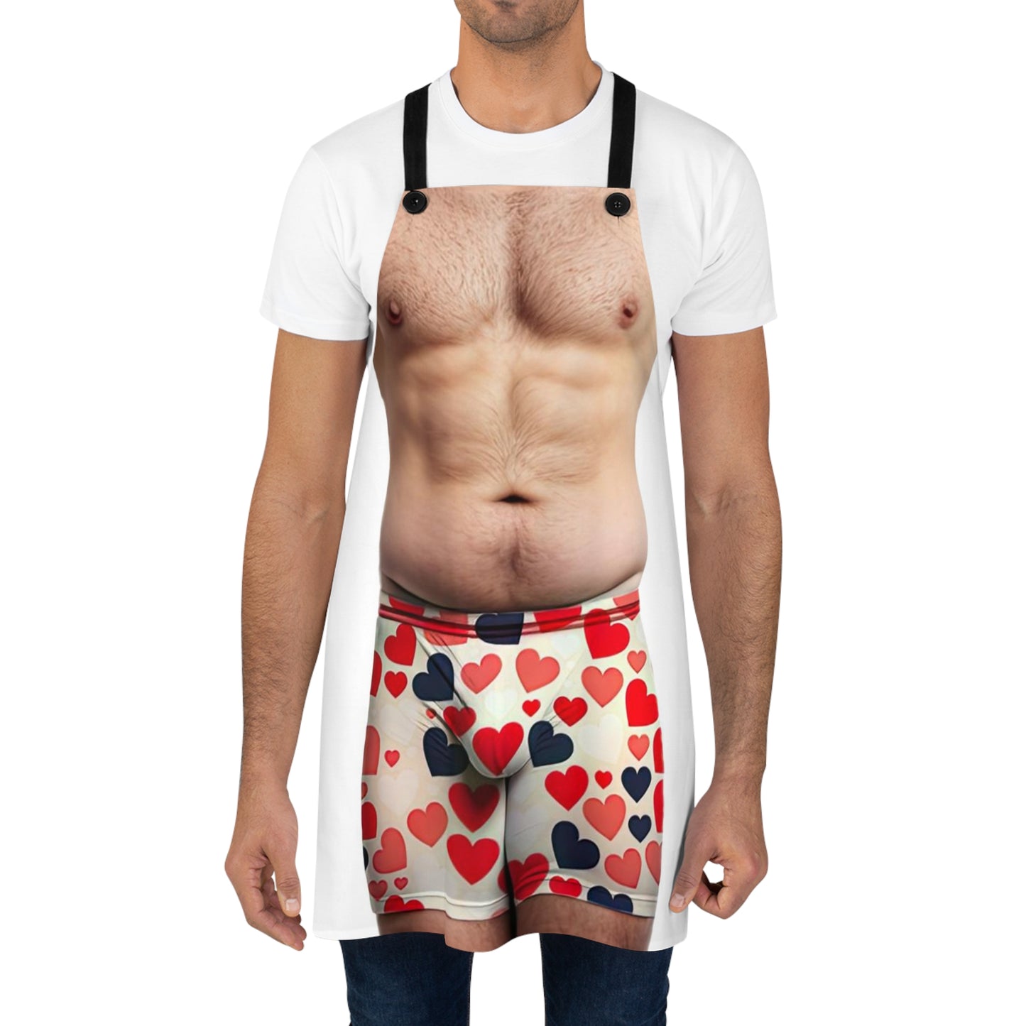 An apron printed with a realistic image of a male torso and underwear with a heart pattern