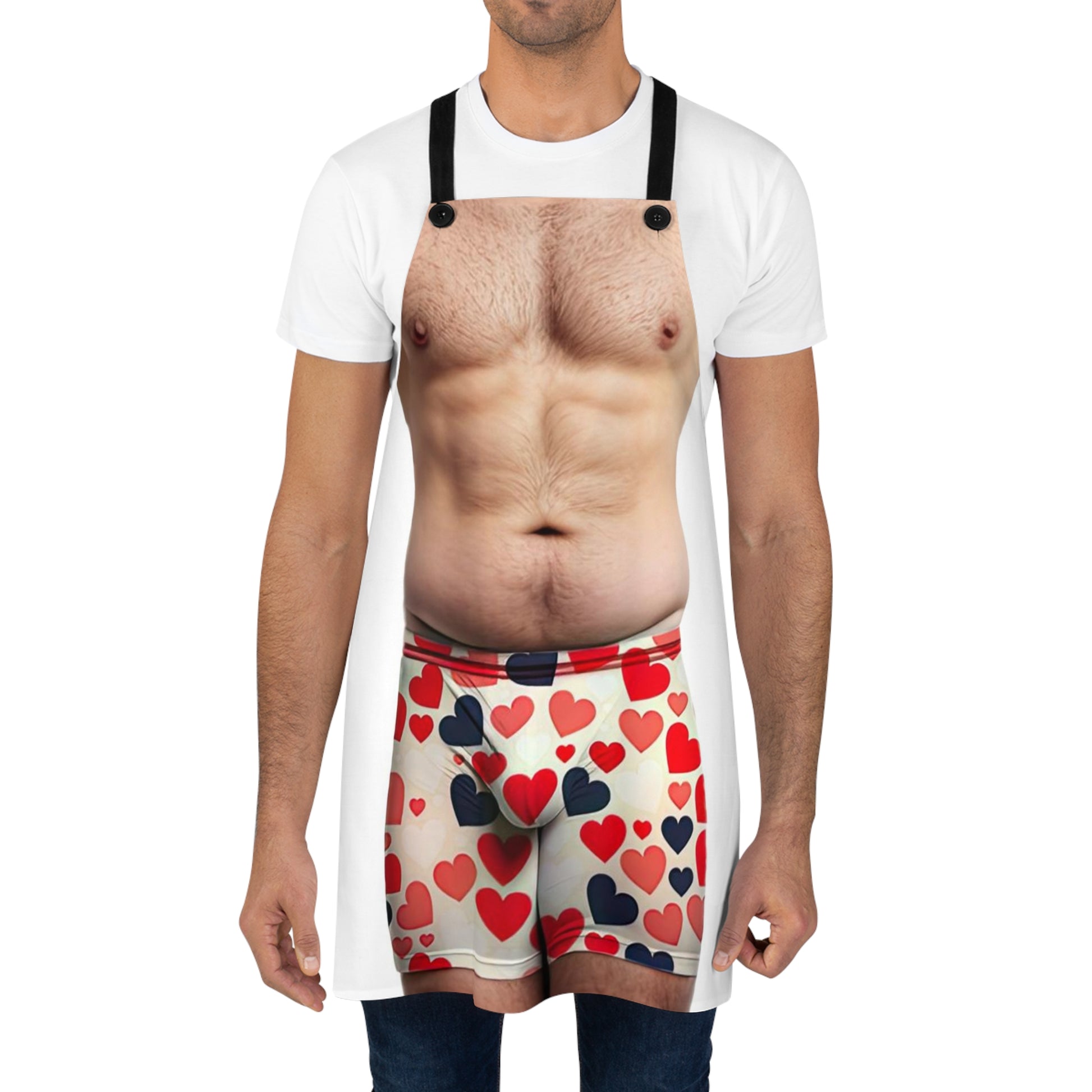 An apron printed with a realistic image of a male torso and underwear with a heart pattern