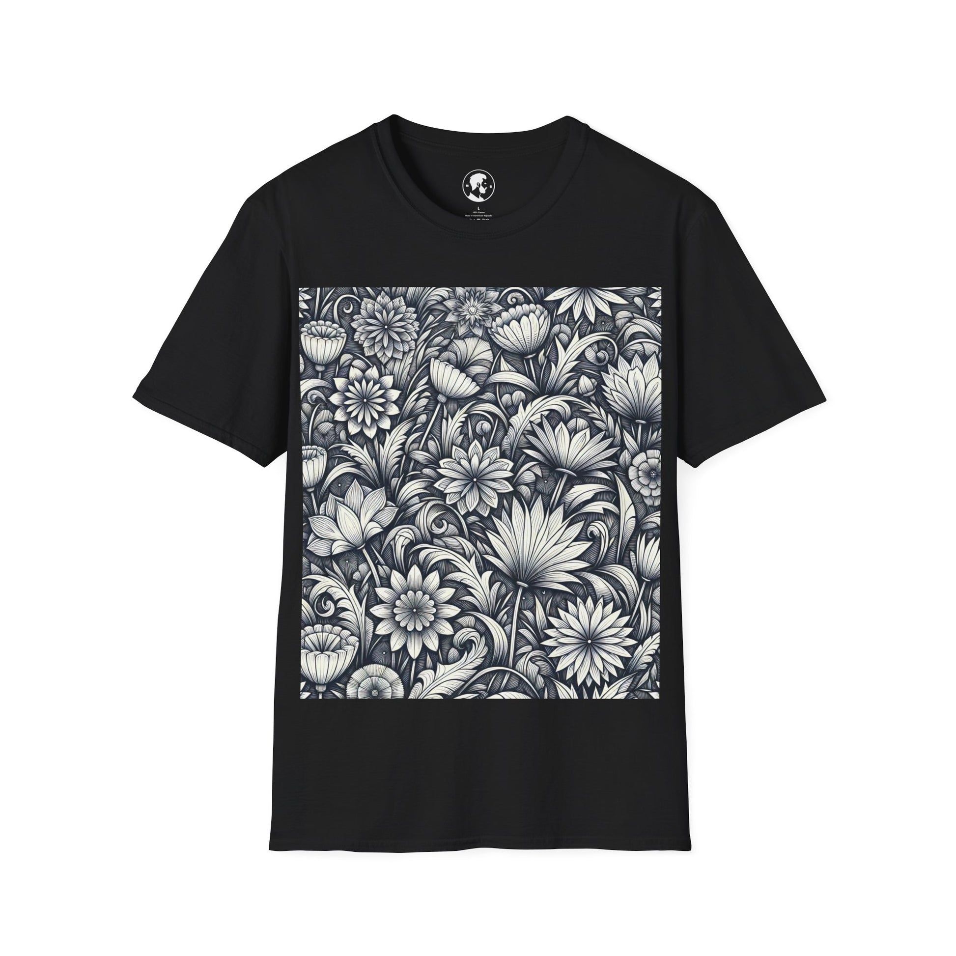 An artistic black crew neck t-shirt showcasing a dense floral design in black and white that covers the chest area above a plain black base