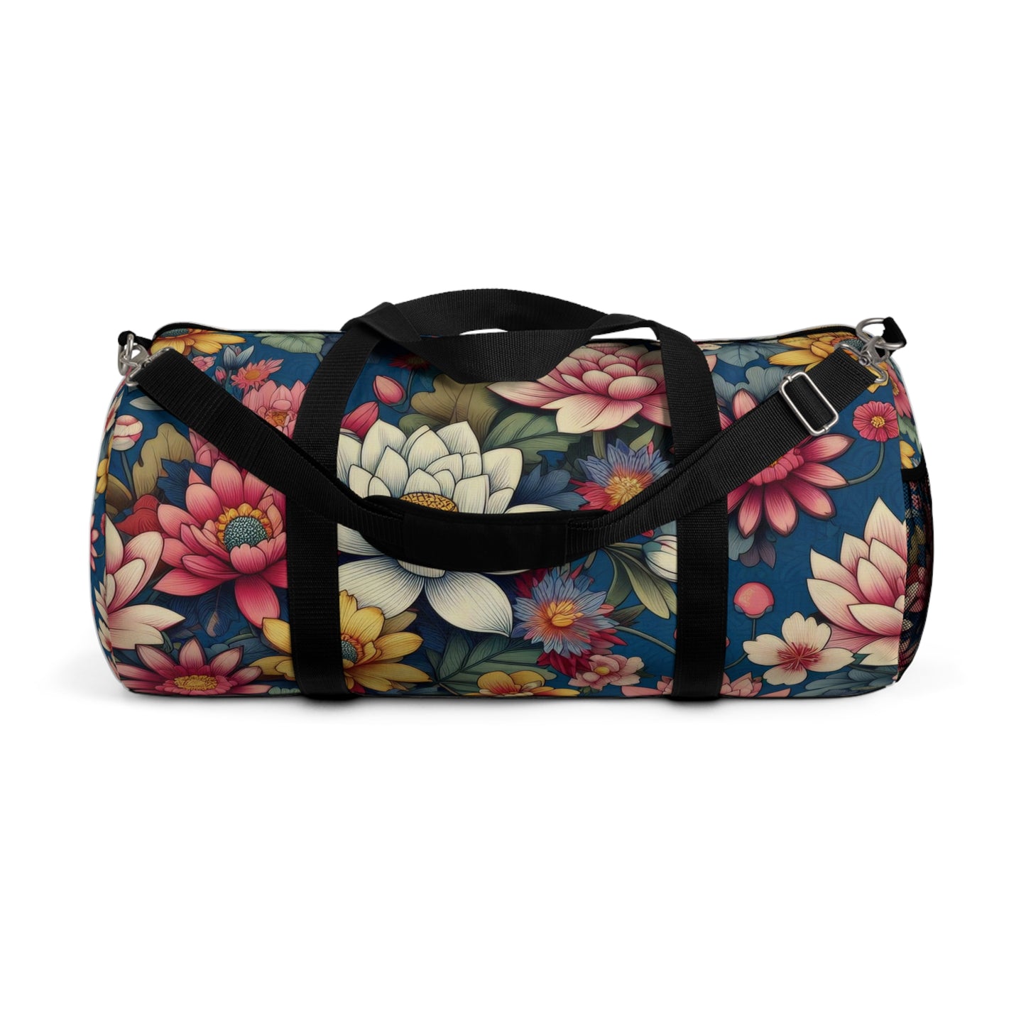 The image depicts a cylindrical duffel bag with a colorful floral pattern and a black shoulder strap.