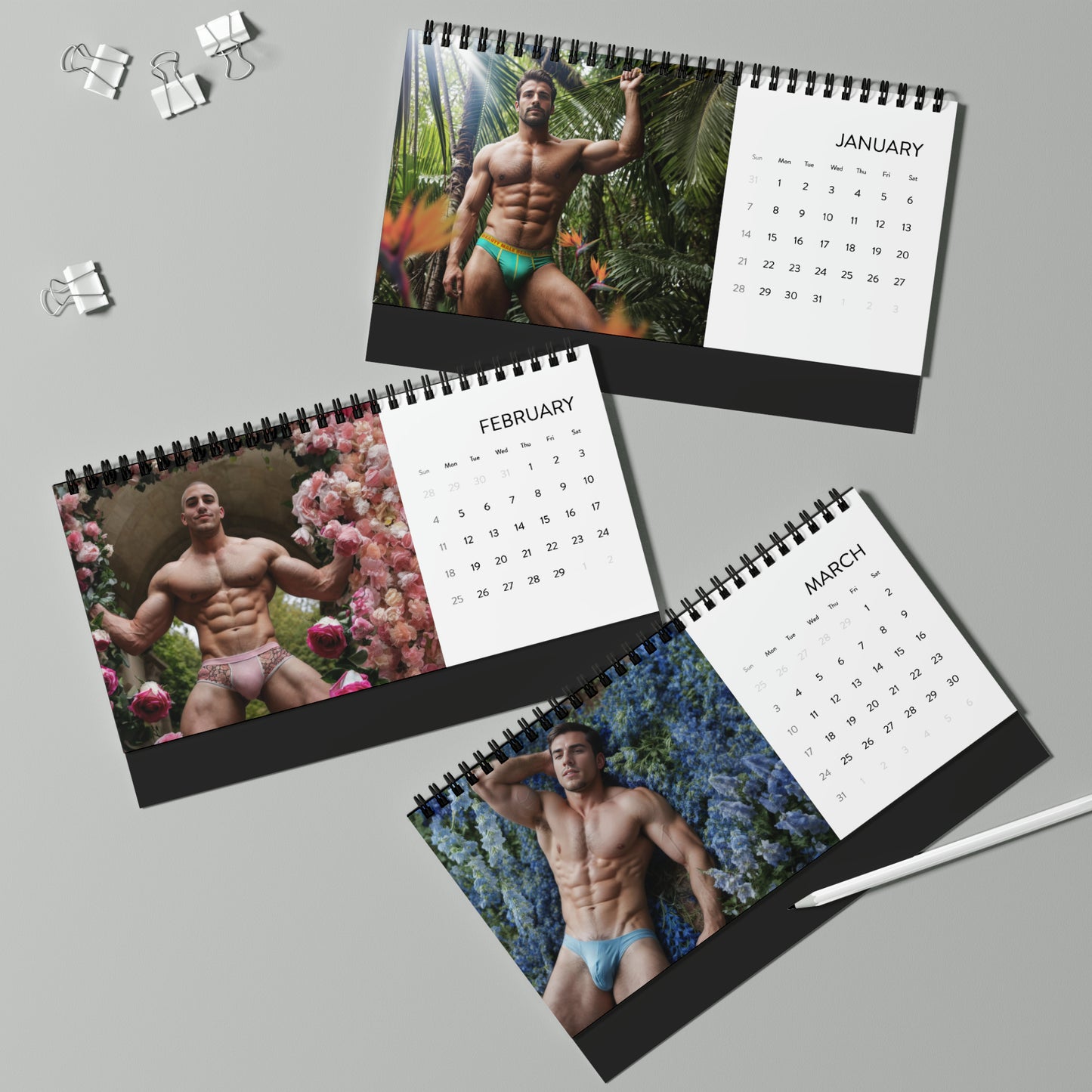 An image of three desk calendars for January, February, and March, each displaying a photograph of a muscular man posing in tropical settings