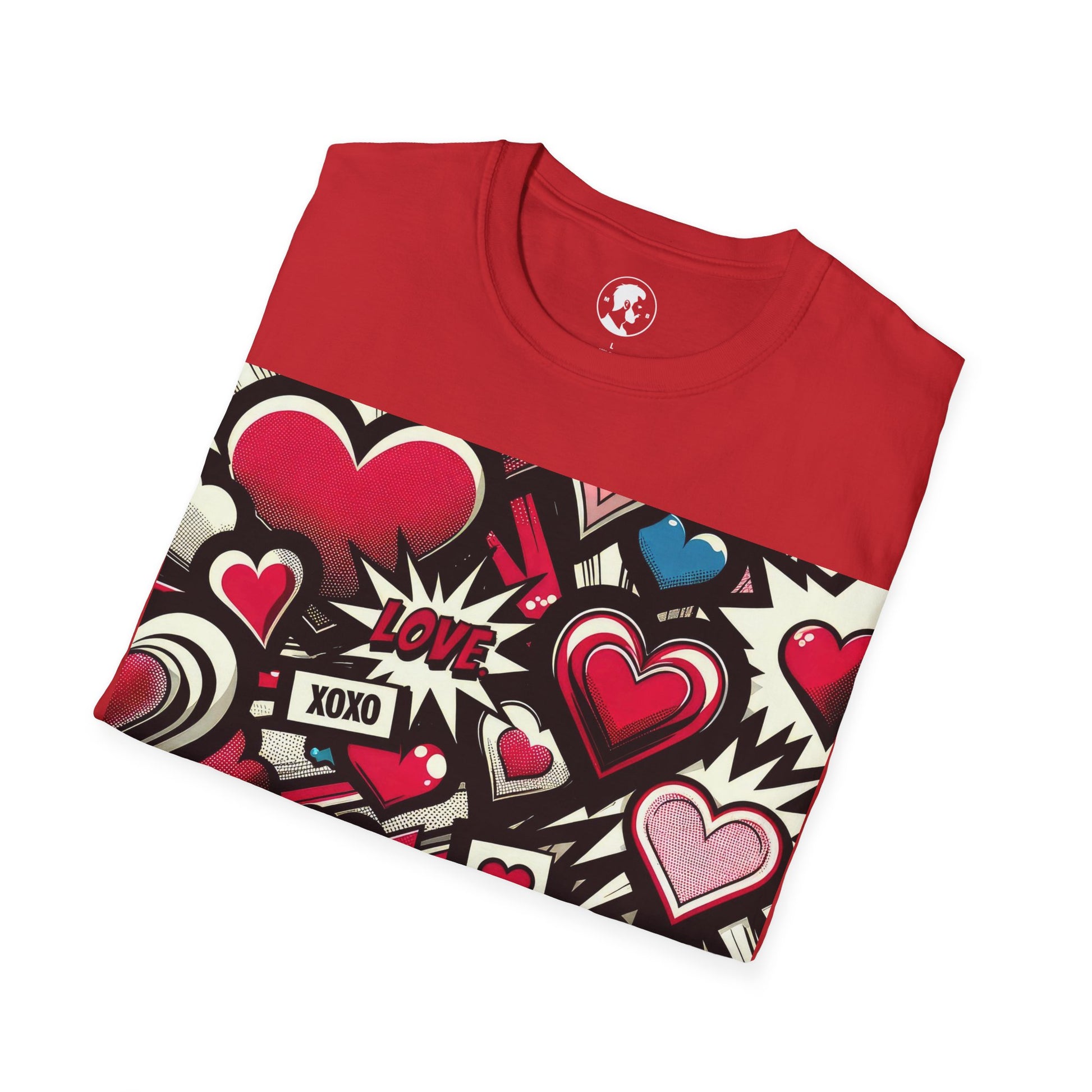 A red T-shirt with a graphic print of various hearts in different styles and sizes, along with the words "LOVE" and "XOXO" amidst starburst and striped patterns