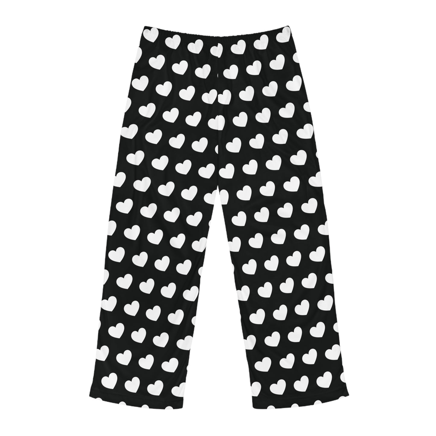 Black pajama pants with a white heart pattern and a drawstring waist.