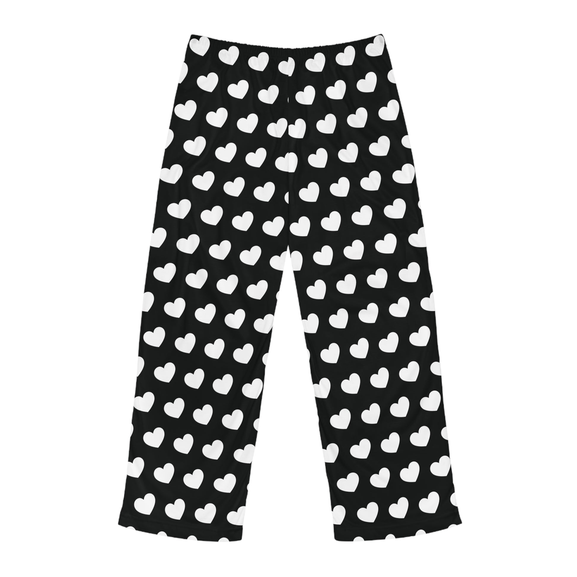 Black pajama pants with a white heart pattern and a drawstring waist.