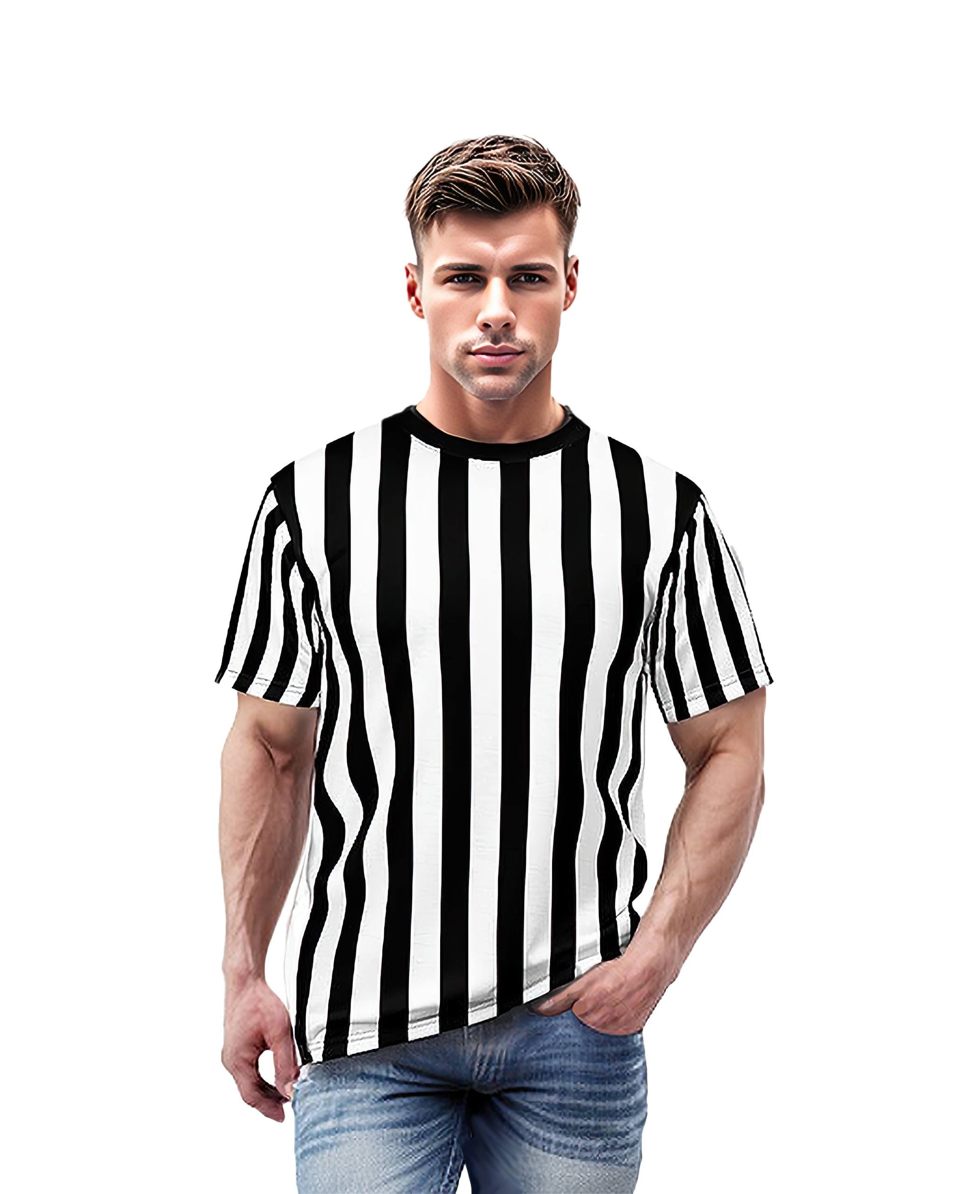 The image features a T-shirt with a bold black and white vertical striped pattern.